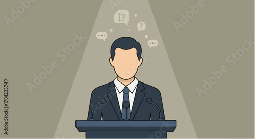 Man in suit giving a speech at a podium with speech bubbles above.