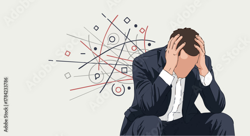 Stressed businessman with hands on head, overwhelmed by problems and issues.