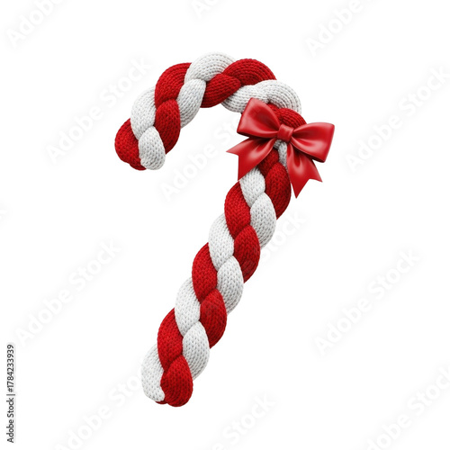Christmas candy cane decoration red white knitted bow holiday season festive ornament sweet treat xmas on transparent background