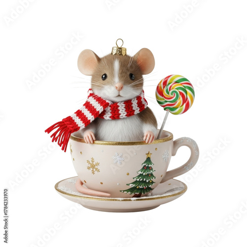 Christmas mouse ornament in teacup with scarf and lollipop holiday decor festive season cute animal figurine on transparent background