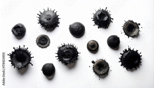 Abstract black ink splashes and drops on a white background, resembling viruses or cells. Dark liquid splatters, creative art, science, and medical concept.