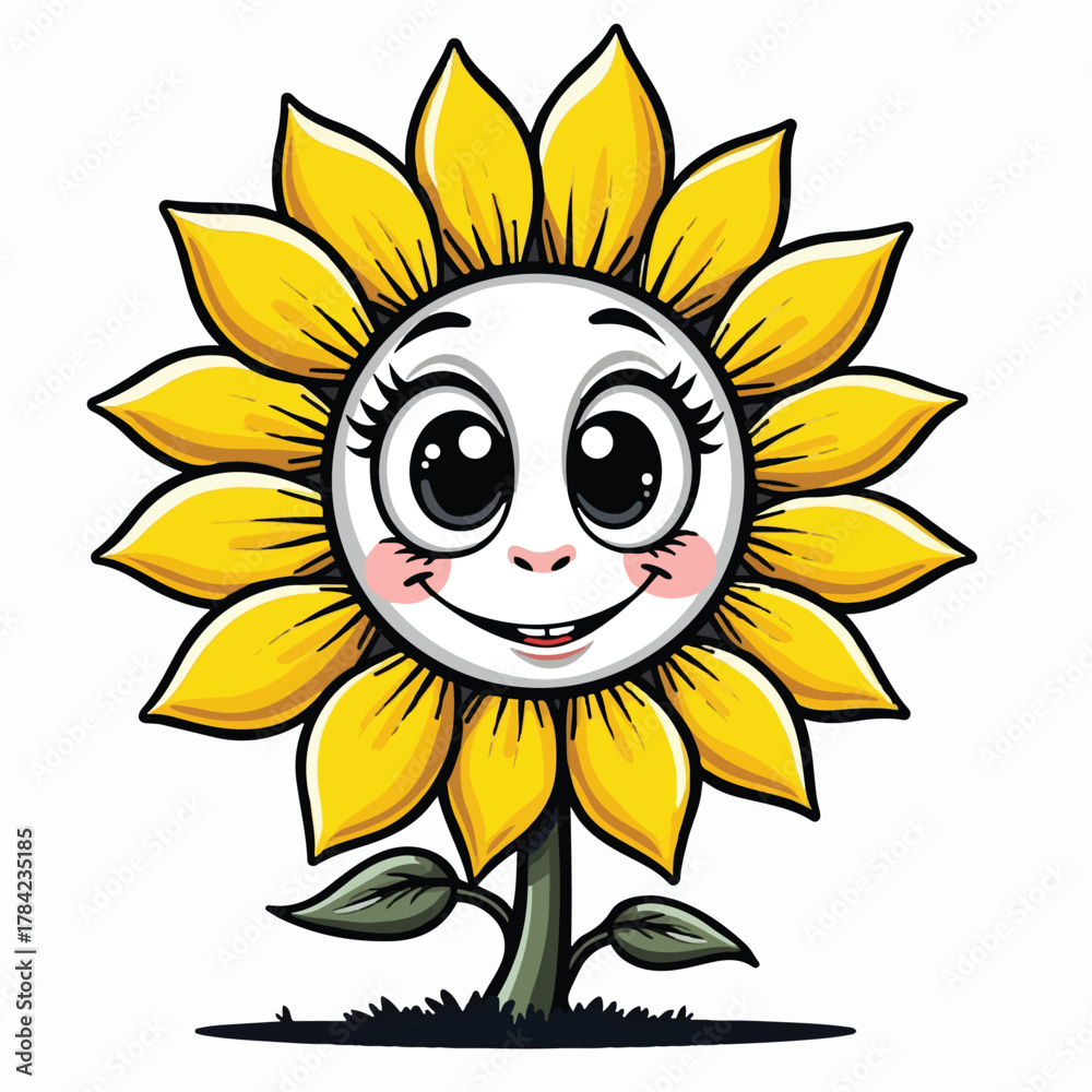 Fototapeta premium Cartoon Sunflower with Happy Face and Big Eyes character