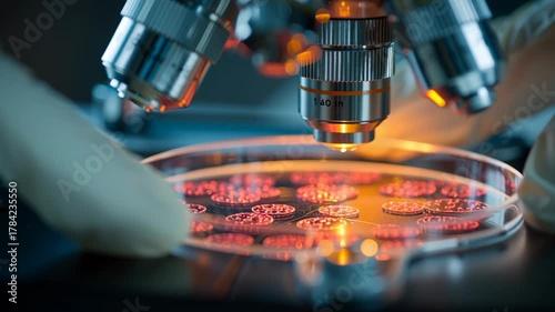 A microscope is being used to look at a sample of cells. Macro shot hands calibrating micro sensor reading single cell tumor activity level, sterile minimal lab, precision oncology lab