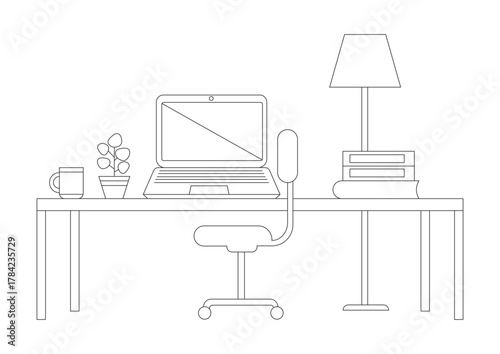 Minimal black and white line art illustration of a modern workspace featuring desk, chair, and laptop, ideal for home office, business, creativity, and interior design concepts.