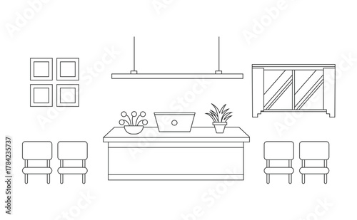 Modern minimalist home office line art vector with desk, laptop, and chair. Clean black and white illustration showing stylish workspace concept for business, productivity, and design.
