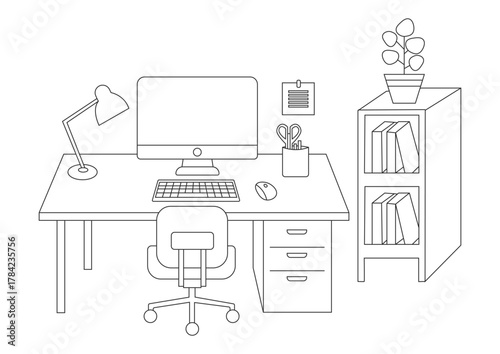 Minimal black and white line art illustration of a modern home office setup with desk, chair, and laptop. Perfect for interior, workspace, and productivity design themes.