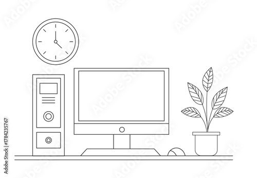 Desktop setup workplace indoor thin line art moder interior concept. 