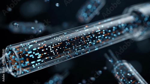 Macro shot micro capillary tube with genomic code overlay floating in space, surgical clean sterile clinical aesthetic, gene-based therapy