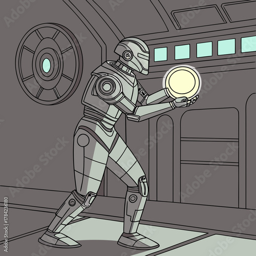 A futuristic robot holding a glowing orb in a spaceship corridor