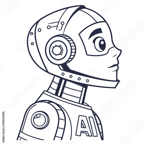 Cartoon robot head and shoulders with ai text on chest in outline style