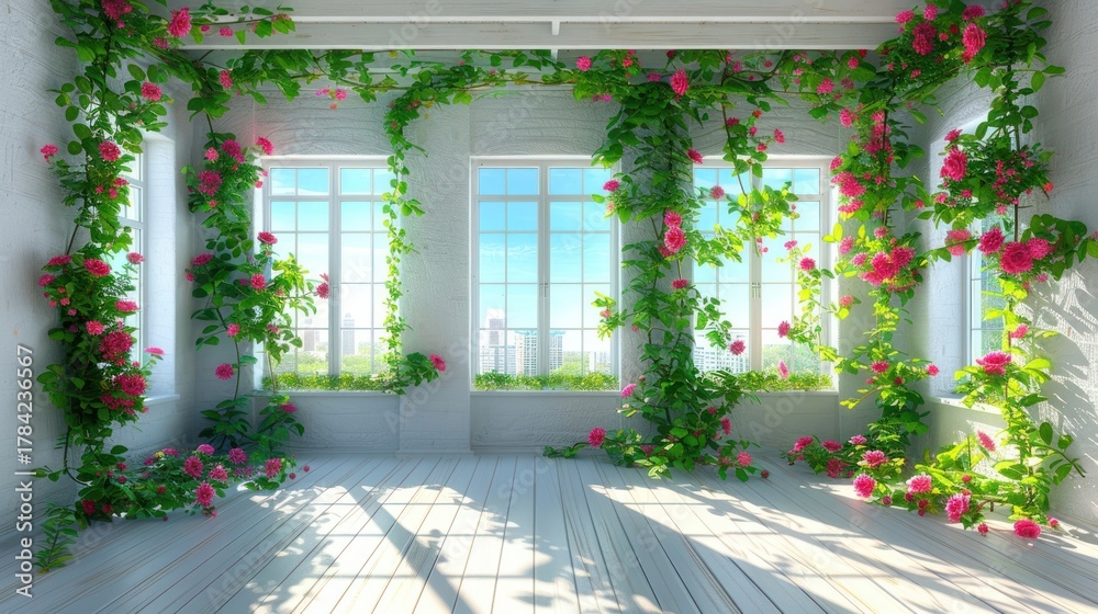 Fototapeta premium Room with Rose Vines and City View