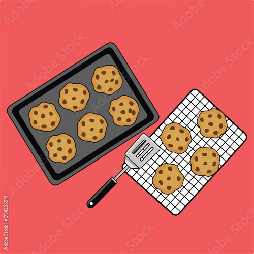 An overhead shot shows freshly baked cookies on a baking sheet and cooling rack alongside a spatula against a red background.