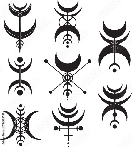 Mystical Celestial Symbols: A captivating array of mystical celestial symbols, each a unique embodiment of cosmic wonder. Each design exudes a sense of otherworldly allure.