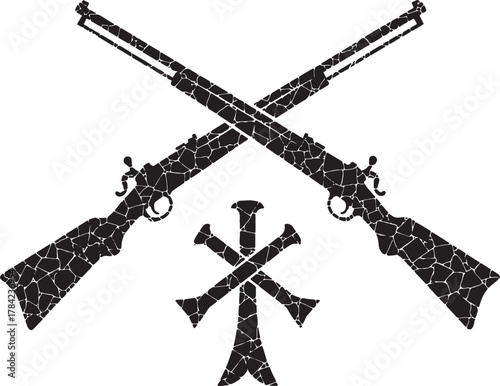 Symbol of Legacy: A meticulously designed emblem showcases two crossed rifles, symbolizing heritage. Their silhouettes are detailed. It evokes a sense of history and respect.
