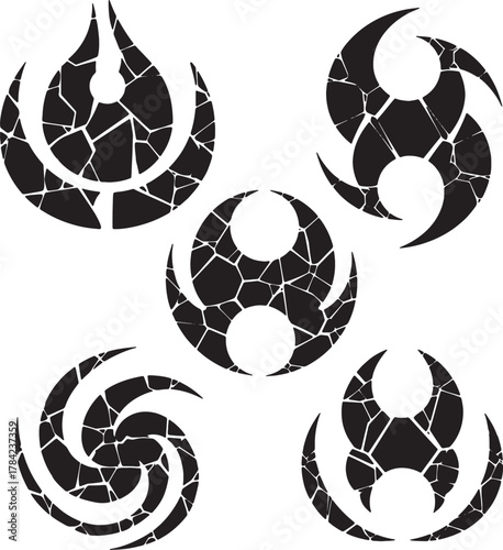 Symbolic Geometric Fractures: A striking visual composition, presenting a series of abstract symbols with shattered, fragmented textures.