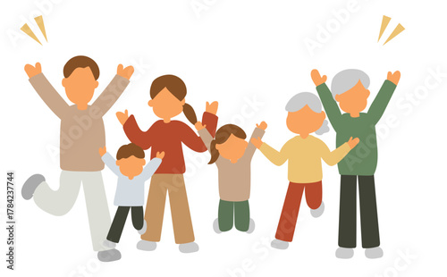 ジャンプをする明るく元気な三世代家族