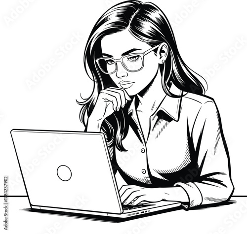 Woman wearing glasses typing on laptop with hand on chin vector