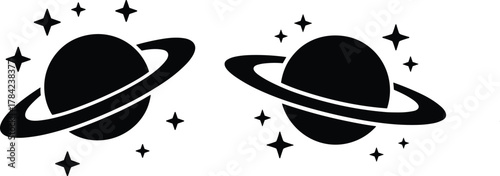 Two black planets with rings and stars on white background space celestial