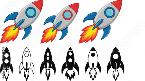Three cartoon rockets with red tips blue fins and exhaust flames and six rocket icons spaceship