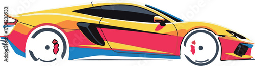 Modern Vector Illustration of Sports Car in Bright Color Palette with Dynamic Design Style