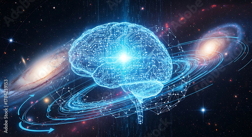 A glowing blue brain hovers amid orbiting rings in deep space, stars twinkling around.in blue glow!