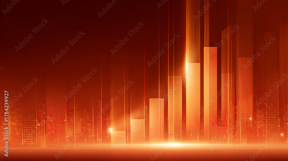 Naklejka premium Abstract cityscape with glowing skyscrapers and warm orange light effects 