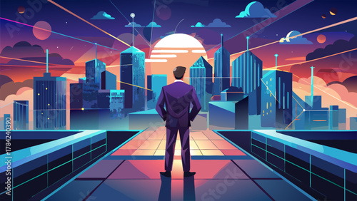 Businessman Overlooking Futuristic City at Sunset