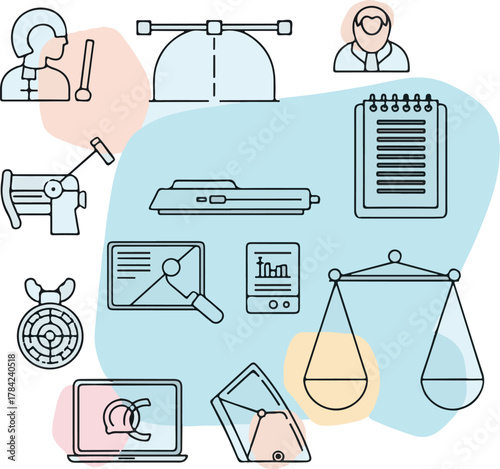 Minimalist Vector Illustration of Judicial and Scientific Elements in Modern Style with Soft Pastel Colors