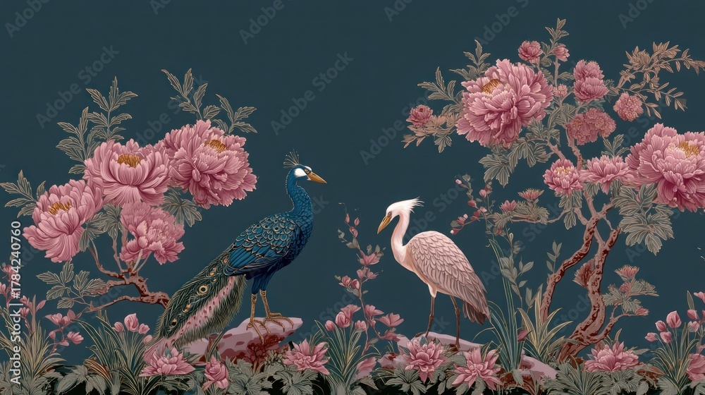 Naklejka premium Two peacocks and a crane standing on a rock, surrounded by pink flowers and green foliage, against a dark blue background.