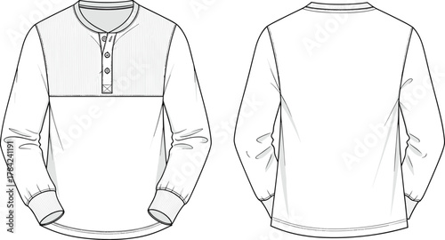 Obraz na płótnie Men’s long sleeve henley t-shirt flat sketch, front and back technical drawing,