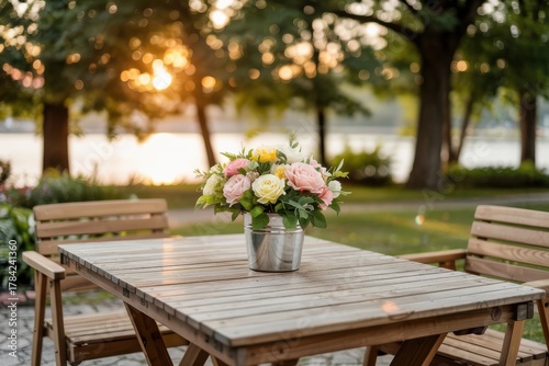 Bouquet of roses on wooden table at sunset