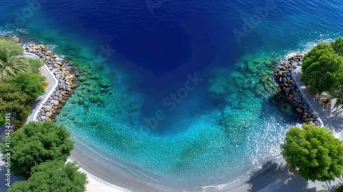 Aerial View Of A Deep Blue Lagoon With Sunlight Sparkling On The Turquoise Water Revealing A Circular Coral Reef Below Lush Green Trees And Rocky Shoreline