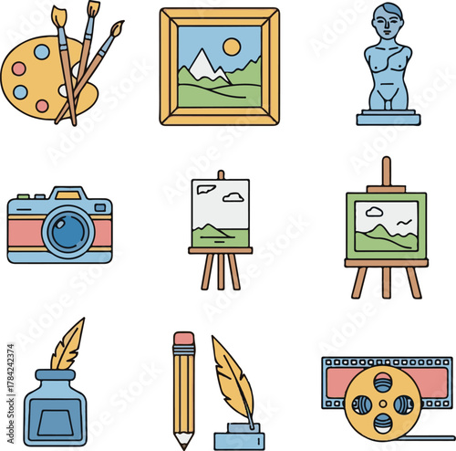 Minimalist Vector Art of Art Supplies and Landscape Paintings in Bright Colors