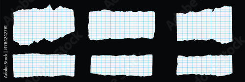 torn paper, grid paper, ripped paper, notebook paper, paper scraps set. Graph paper collection. vector illustration