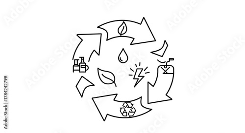 Circular recycling symbol with illustrations of water, energy, plants, waste, and recycling icons, representing a sustainable cycle.