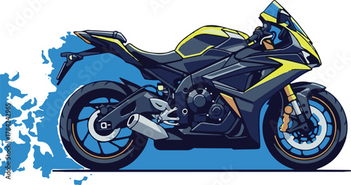 Vector Illustration of Sport Motorcycle in Modern Geometric Style with Blue and Yellow Accents