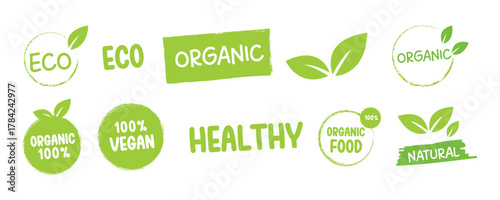 Organic food label badge set. Food product stamp emblem set. Eco-friendly, vegetarian badge set