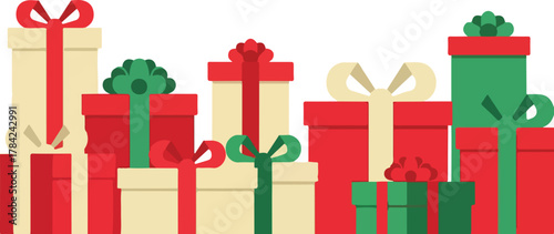 Colorful Christmas background featuring a row of wrapped gifts in red, green, and beige with ribbons and bows on a white surface.