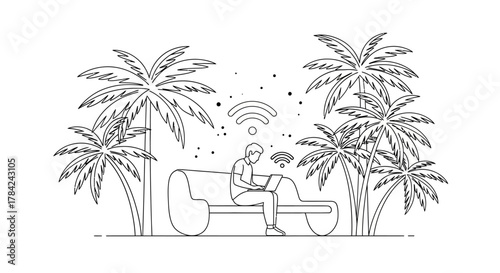 Line art illustration of a man sitting on a bench using a laptop under palm trees with visible WiFi signals.