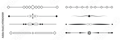 Text divider collection. Line separators. Decoraive rules. page breaks ornaments. Typography Design element. horizontal line set. Vector illustration 