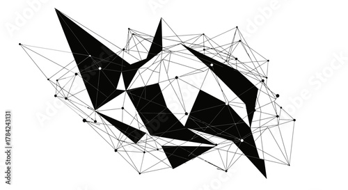 Abstract geometric design featuring interconnected lines, nodes, and solid black triangular shapes against a white background.