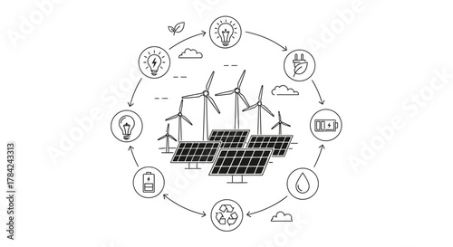 Illustration depicting a circular flow of renewable energy sources, including solar panels, wind turbines, and various icons representing energy usage and sustainability.