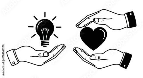 Illustration of two hands presenting a lightbulb and a heart, symbolizing ideas and care.