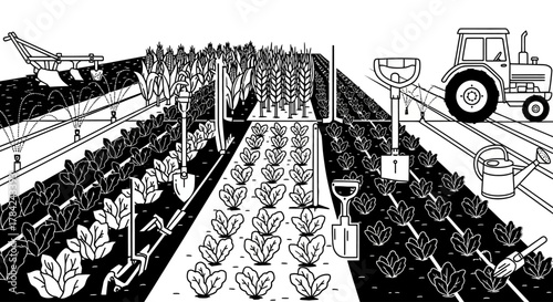 Illustration of a farm field with rows of crops, irrigation system, tractor, and various gardening tools.