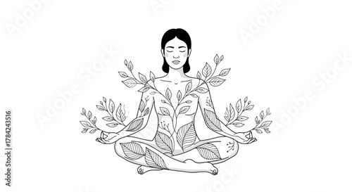 Woman in lotus position meditating, surrounded and covered in leaves, symbolizing nature, growth, and inner peace.