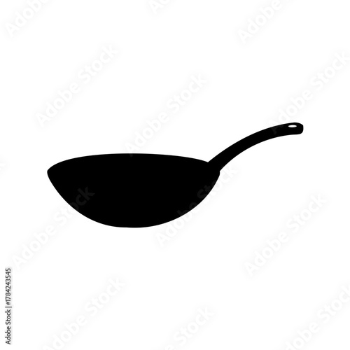 Black and white minimalist vector illustration of a wok with handle