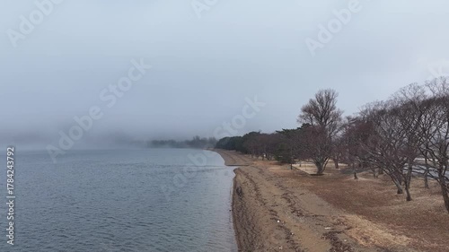 Aerial journey along the lakeside, with tranquil lake on the left and misty forest on the right. The scene gradually fades into fog, creating a serene and peaceful atmosphere, ideal for meditation.
