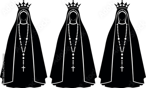 Three silhouetted figures of the virgin mary wearing crowns and rosaries