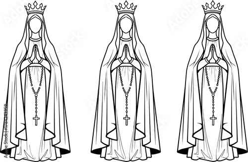 Three line art illustrations of the virgin mary wearing a crown and rosary