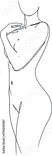 Minimalist line art sketch of a woman embracing herself